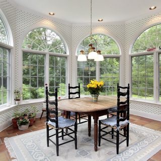 Eating area with large round picture windows